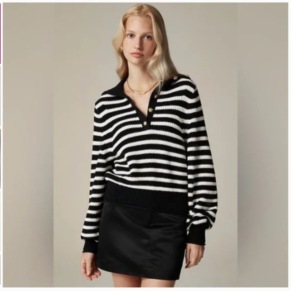 NEW J. Crew Ribbed Cotton Button Collar Sweater L White Navy Blue Stripe CE737 - Picture 2 of 3